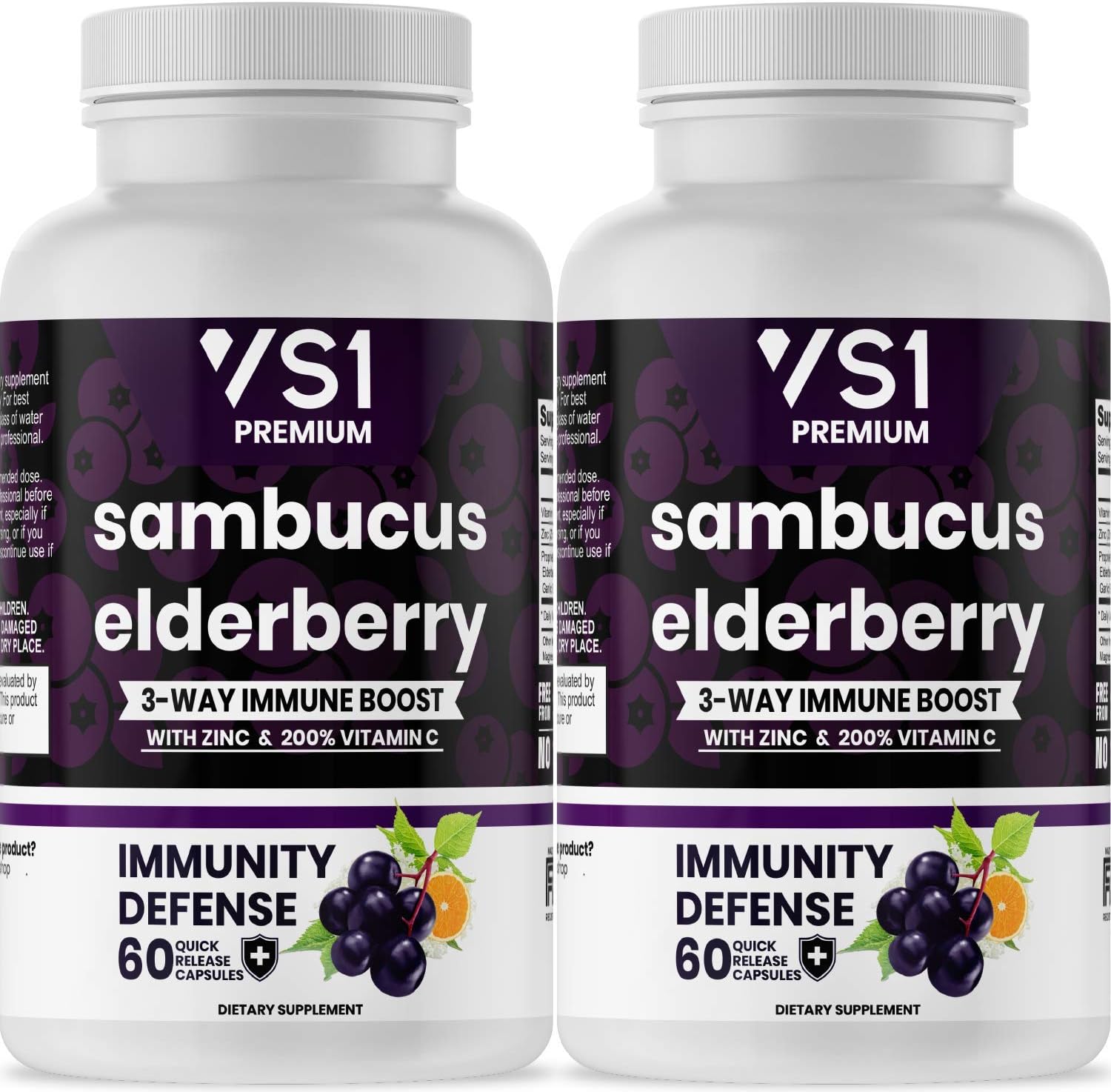 VS1 (2-Pack) Sambucus Elderberry Capsules with Zinc & Vitamin C - Immune System Support for Women & Men's Daily Supplement, Powerful Antioxidant - 120 Count