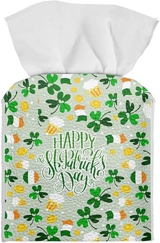 Cubierta cuadrada para caja de pañuelos, decoración del día de San Patricio para el hogar, soporte de caja de pañuelos de cuero, organizador de