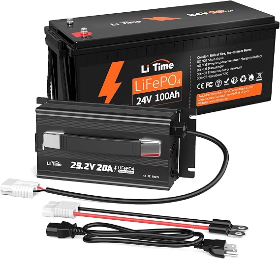 LiTime 24V 100Ah LiFePO4 Lithium Battery with 29.2V 20A LiFePO4 Battery Charger, Built-in 100A BMS, Up to 15000 Cycles, Max. 2560W Load Power for RV, Trolling Motor, Marine, Off-Grid