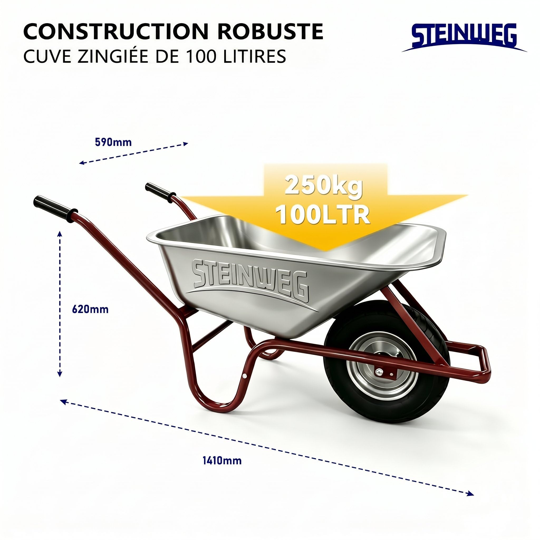 STEINWEG - Brouette de chantier - 100 l - 250 kg - Pneus pneumatiques avec bac galvanisé - Construction robuste pour le jardin et les besoins de construction - Pneus pneumatiques avec jantes en acier