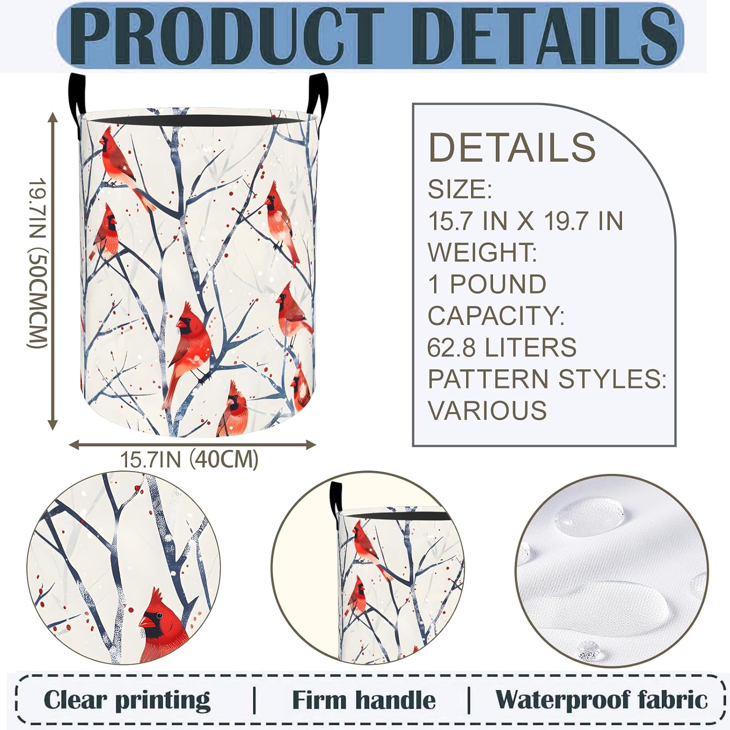 Cardinal Laundry Basket Hamper 19.7"x15.8", Red Birds Foldable Waterproof Oxford Clothes Storage Bucket for Room Bathroom Bedroom Nursery Decor, Toy Organizer Bins Gifts for Kids Boys Girls