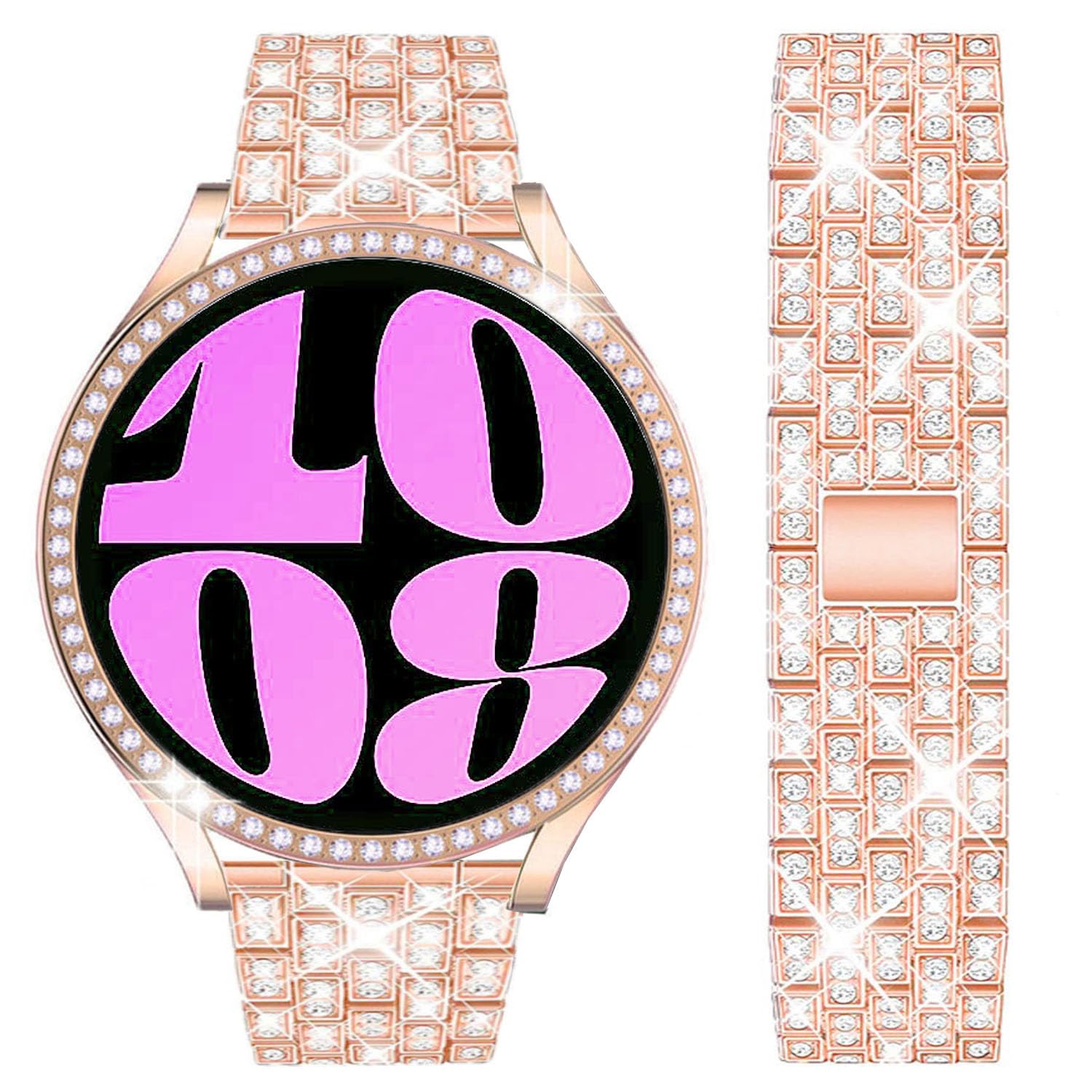 DEALELEStrap Compatible with Samsung Galaxy Watch 6 40mm / 44mm / Galaxy 6 Classic 43mm / 47mm, 20mm Bling Rhinestone Metal Bands with Diamond PC Protective Case Replacement for Women Men