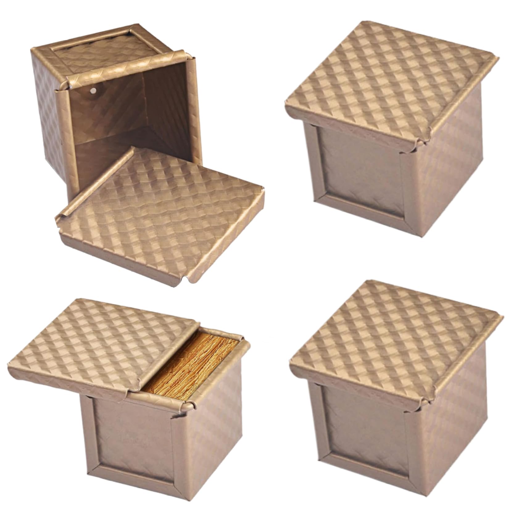 Pullman Molde para pan con tapa, 4 moldes para pan en forma de cubo, antiadherente, para hornear , mini moldes corrugados de 2, 4 x 2, pulgadas con orificios de ventilación inferiores, caja de..