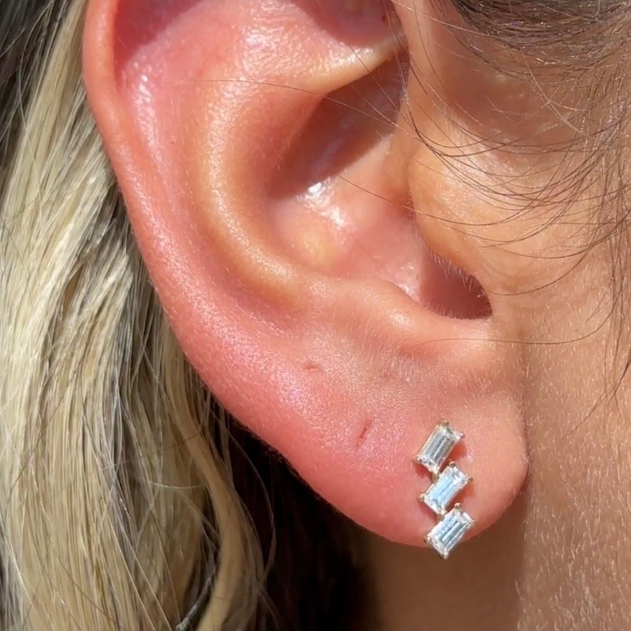 14K Solid Gold Baguette Ear Crawler Flat Back Earring for Women Cubic Zirconia Stud Earring Cartilage Piercing Jewelry for Sensitive Ears Climber Earring Minimalist Jewelry CZ SINGLE STUD or PAIR
