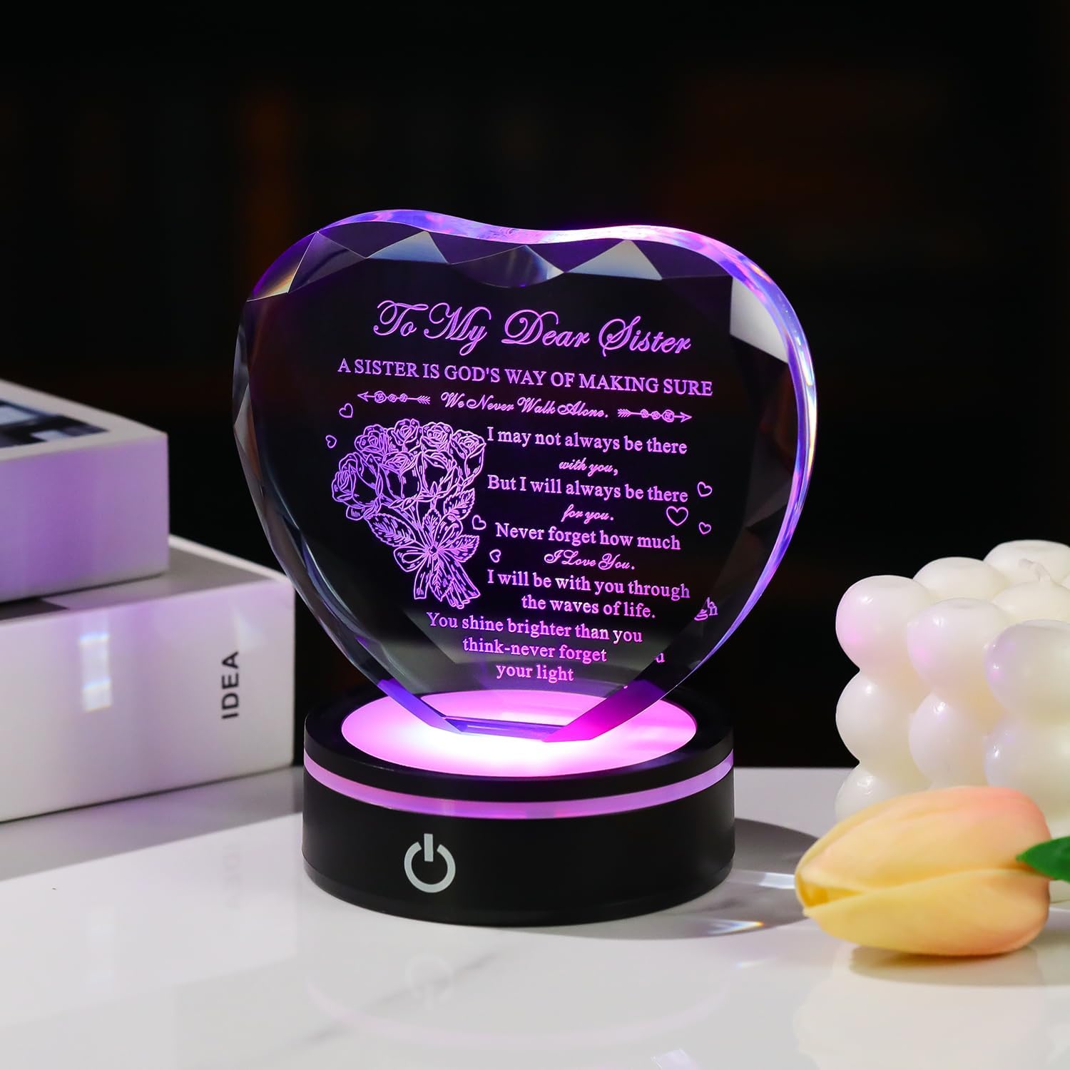 BLUEBOOK Sister Christmas Gifts from Sisters, Heart-shaped Crystal Plaque with Multicolor LED Base, Unique Birthday gift, Glass Laser Engraving, Sisterhood Keepsake Gift - Image 4