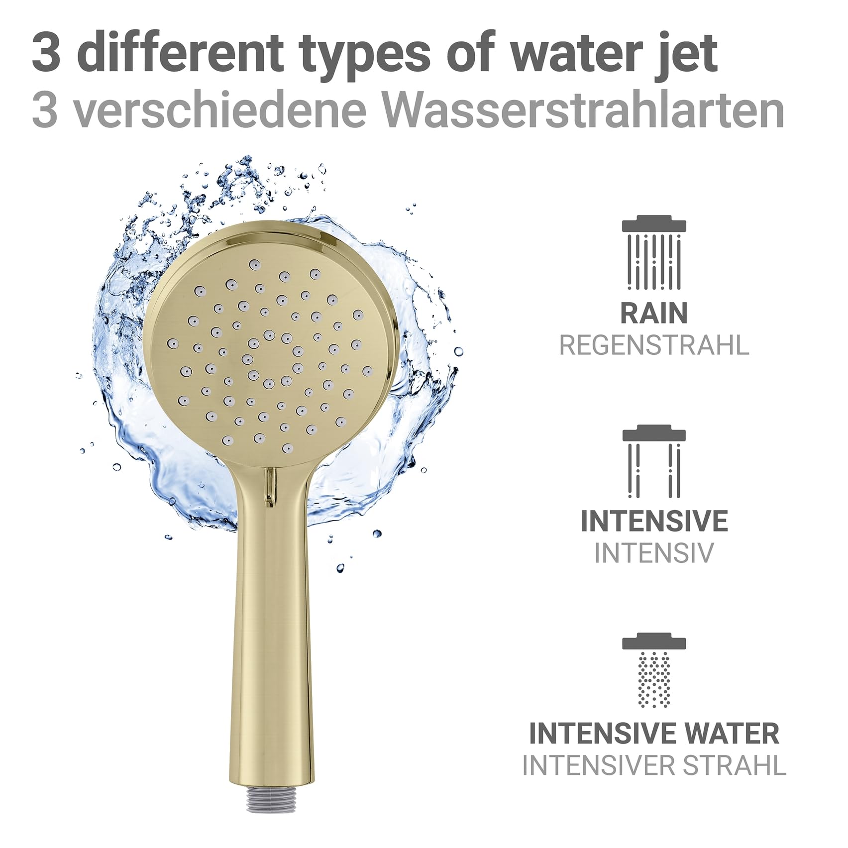 WENKO Duschsystem Mod. Young Line - Regenduschkopf und Handbrause mit 3 Funktionen - Edelstahl - Gold