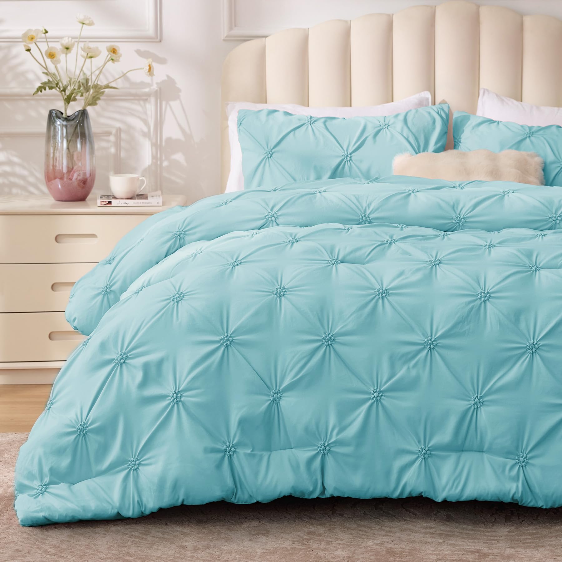 BEDELITE Macaron Blue Queen Comforter Set - 3 Pieces Boho Pintuck Bedding Comforter Sets, Lightweight Soft & Warm Bed Comforter Queen with 2