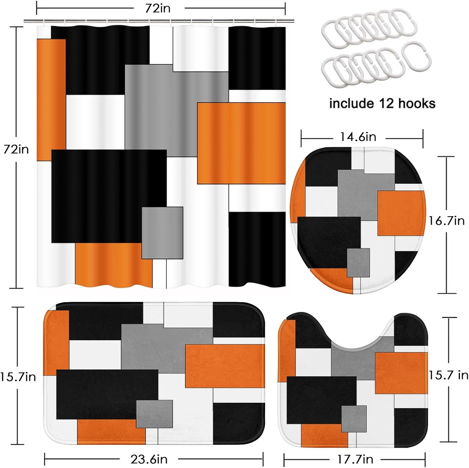 Orange Black Grey Modern Bathroom Set with Shower Curtain and Rugs Accessories, Modern Abstract Shower Curtain Orange Grey Abstract Bathroom Decor 4 Pcs