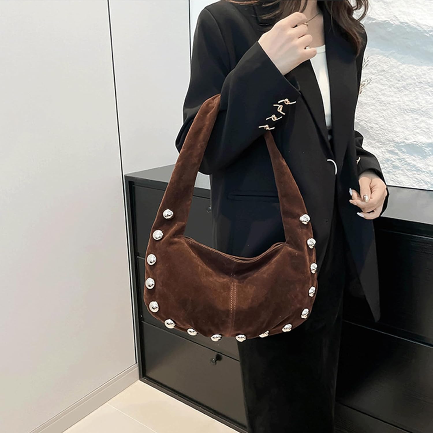 Suede Purse Studded Hobo Shoulder Suede Bag for Women Crescent Purse Soft Underarm Bag with Silver Ball Rivets Trendy Alt - Image 3