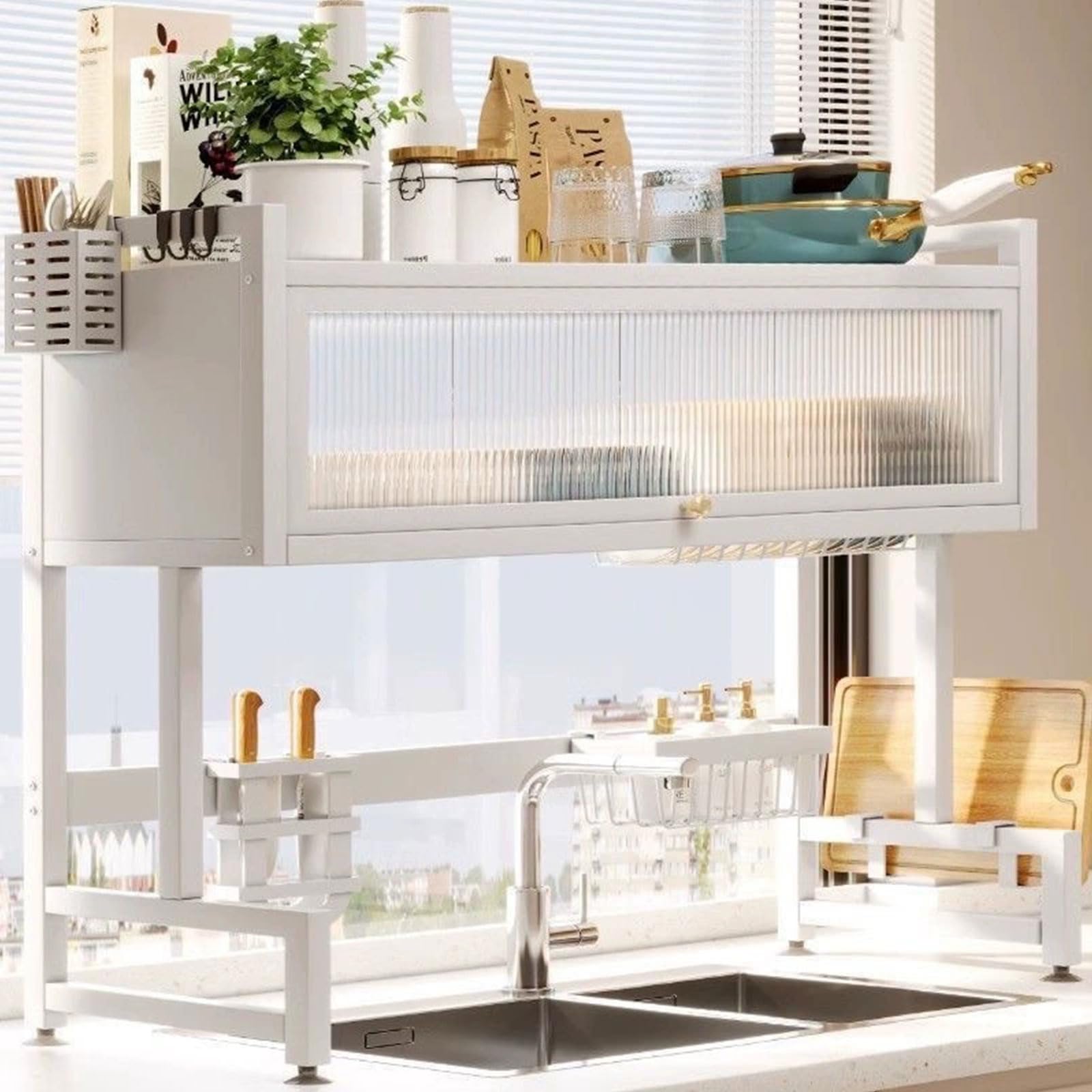 Scolapiatti a 3 Ripiani sopra Il lavello con Coperchio per Piatti, Bicchieri, Ciotole e Posate. Soluzione per organizzare in Modo efficiente Lo Spazio sul bancone della Cucina (Bianco 65 cm)