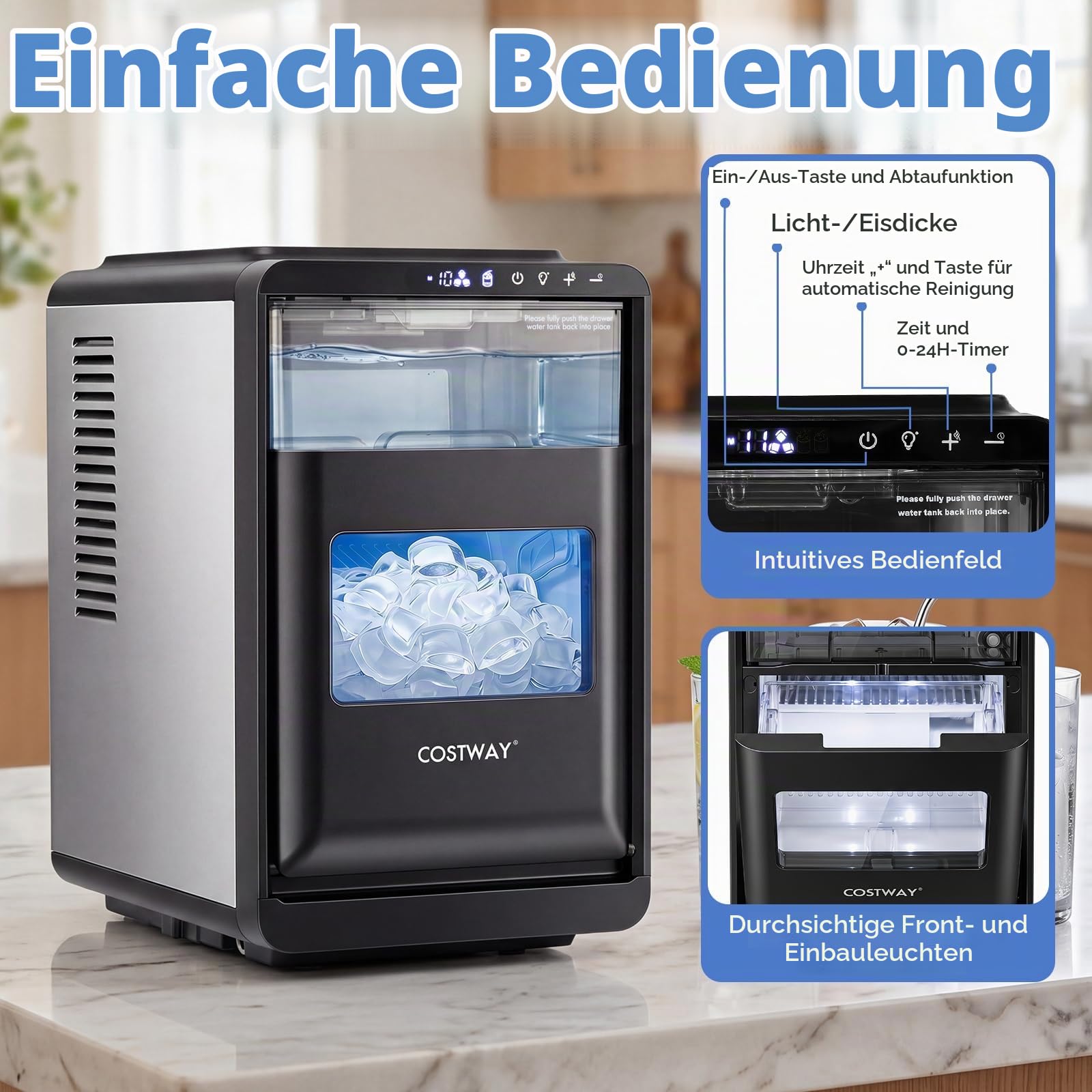 COSTWAY Eiswürfelmaschine für klare Halbmond-Eiswürfel, 12 kg/Tag,