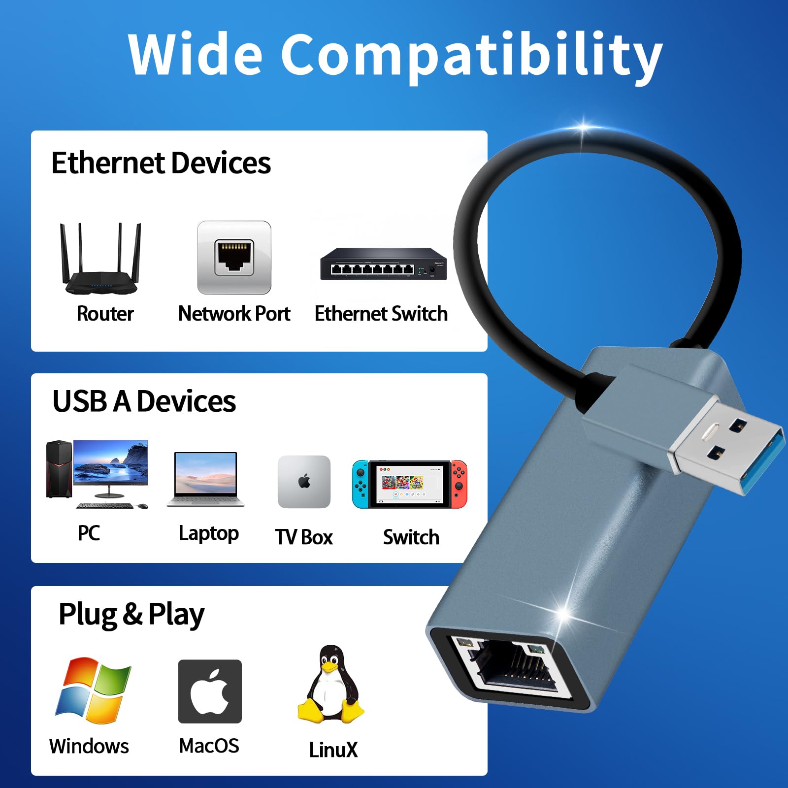 Adaptador USB Ethernet, Gigabit 1000Mbps Adaptador Ethernet a USB 3.0 RJ45 Compatible con Switch, MacBook, Laptop, Win 11/10/ 8.1/8, Mac OS, Linux