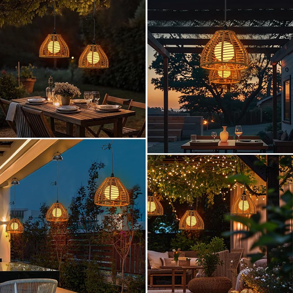 Lanterne Solaire Exterieur Jardin 2 Pièce Suspension Rotin Balcon Terrasse Camping Décoration