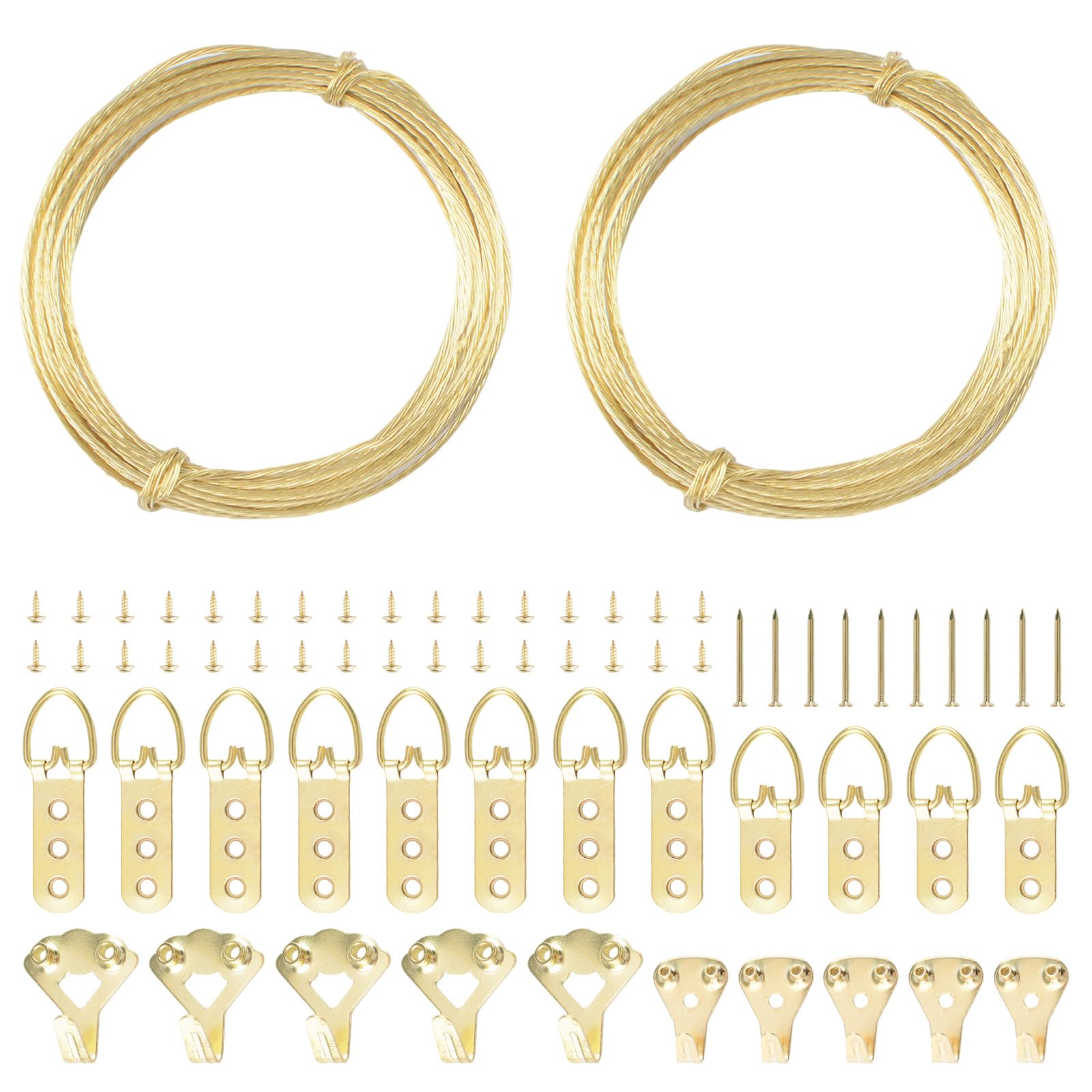 UFURMATE Picture Hanging Kit - 2 Roll 3M Picture Wire & 10 Hanging Hooks & 12 D-Rings with Nails Heavy Duty Picture Hangers for Wall Art, Exhibitions & Galleries (Gold) — image 1