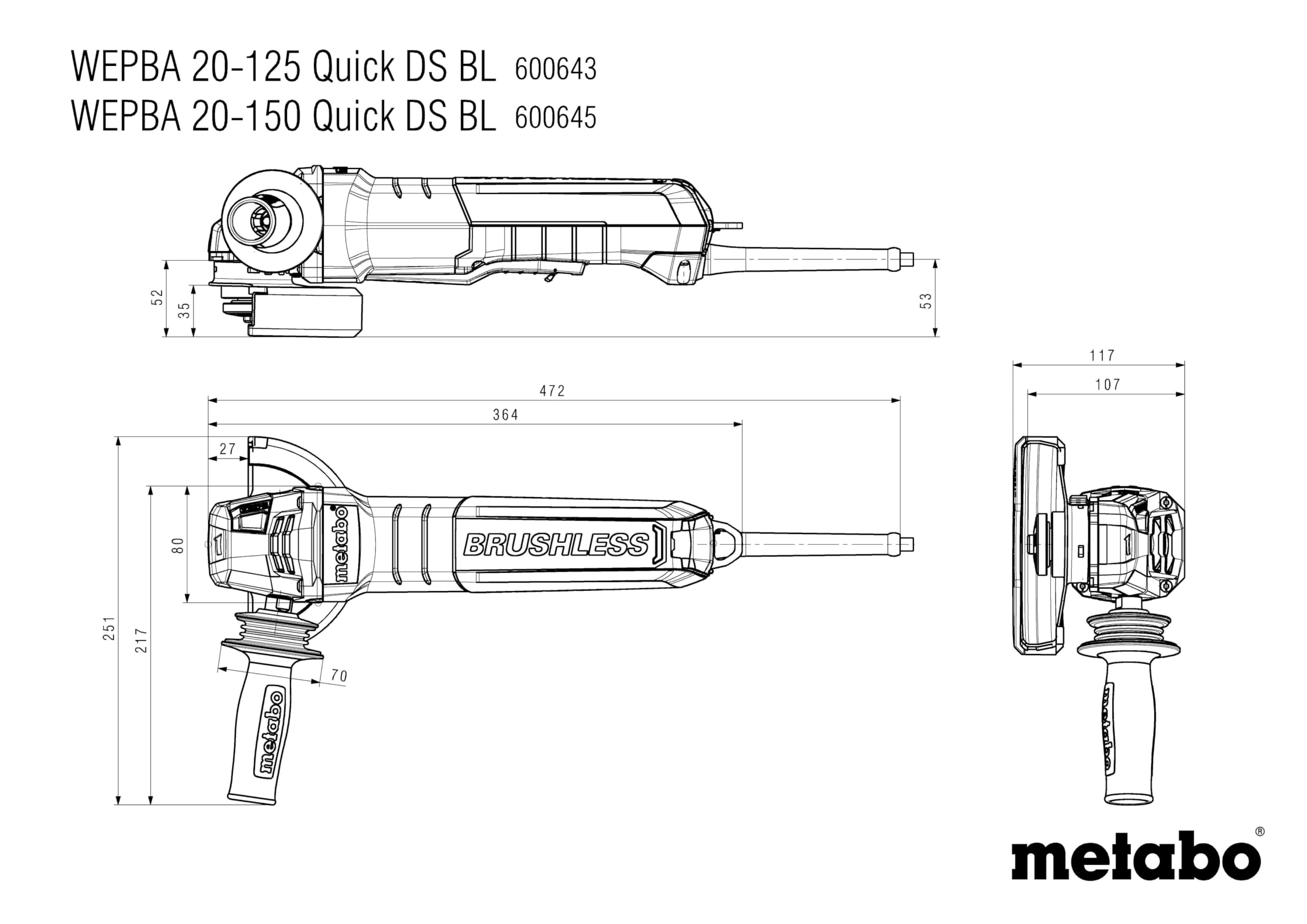 metabo Szlifierka kątowa WEPBA 20-125 Quick DS BL – 2000 W, 125 mm, silnik bezszczotkowy, system M-Quick; niskie wibracje, zabezpieczenie przed uderzeniem, zabezpieczenie przed przeciążeniem – do