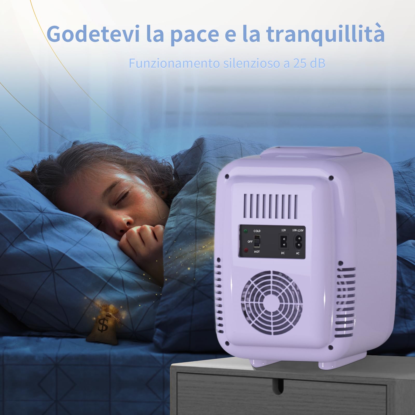 YASHE Mini frigo da camera, 4L frigorifero piccolo per la cura della pelle, 220V CA/12V CC, termoelettrico e scaldino per bevande, ufficio, dormitorio, auto, Viola