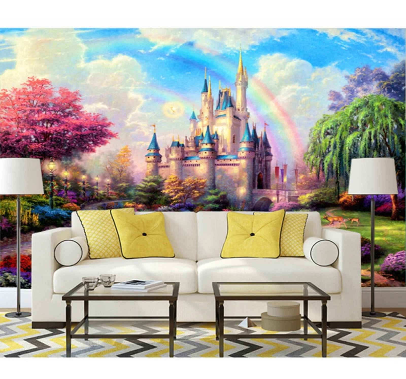 Xlming 200Cm×140Cm(B×H) Beautiful Dreamlike Castle Rainbow Scenery 3D Wallpaper Silky Texture Home Study Office Grey Dining Room Sofa Bedroom Living Room Tv Backdrop-200Cm×140Cm