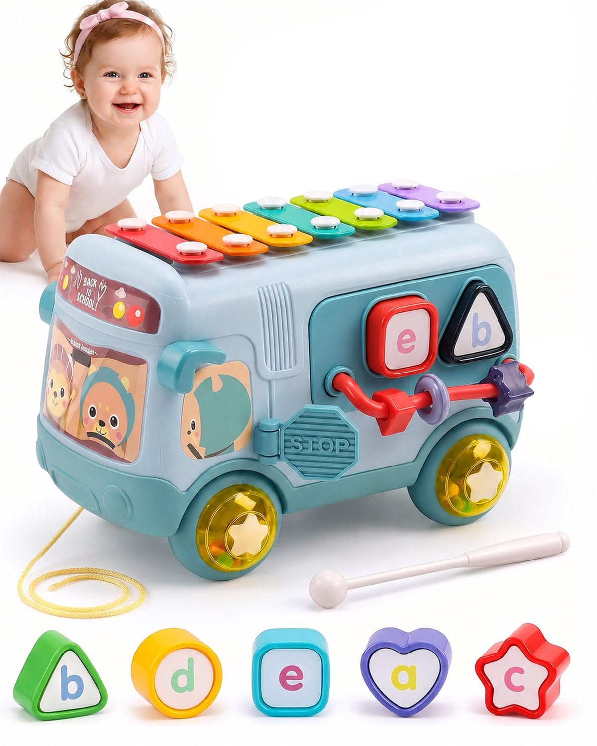 Toys for 1 2 Year Old Boys, Musical Pull Along Bus with Xylophone & Shape Sorter, Sensory Activity for Toddlers, Early Learning Motor Skills Development, Birthday for Girls Boy, Blue