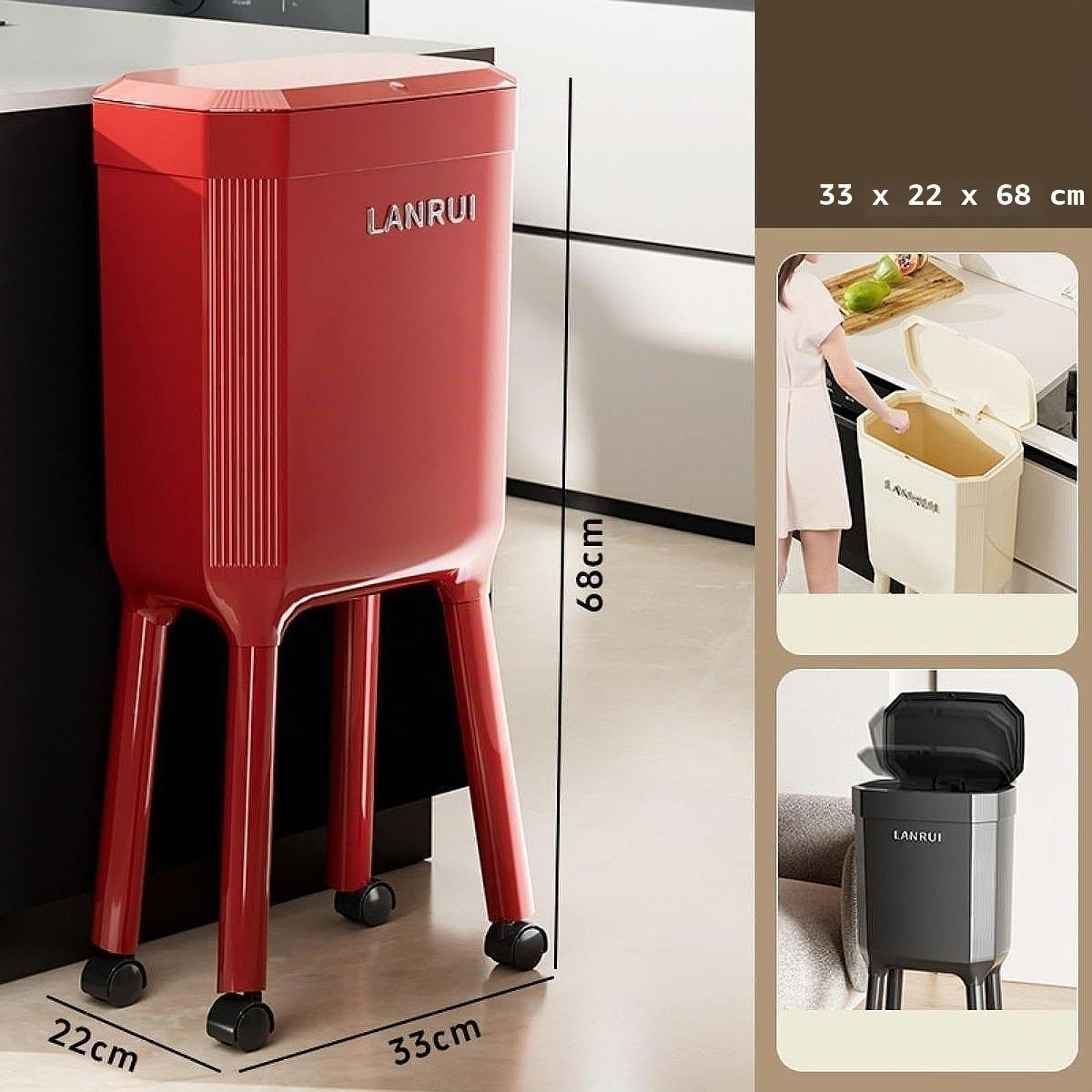 Pattumiera a Pressione con Ruote, Secchio per Carta straccia, pattumiera Versatile, Cestino Minimalista per Bagno e Camera da Letto, Rosso