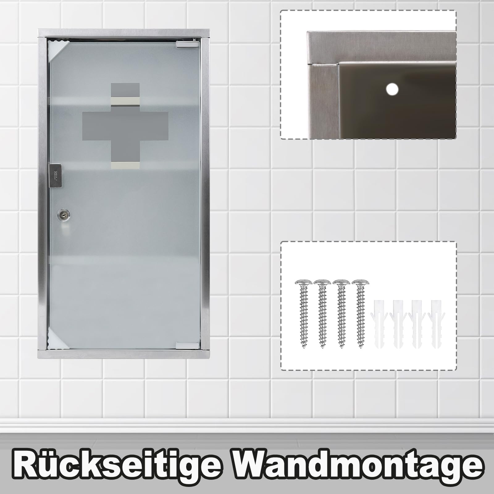 LILIIN Armoire à pharmacie en acier inoxydable avec 4 compartiments avec porte en verre et 2 clés - Armoire de premiers secours - 30 x 12 x 57,5 cm