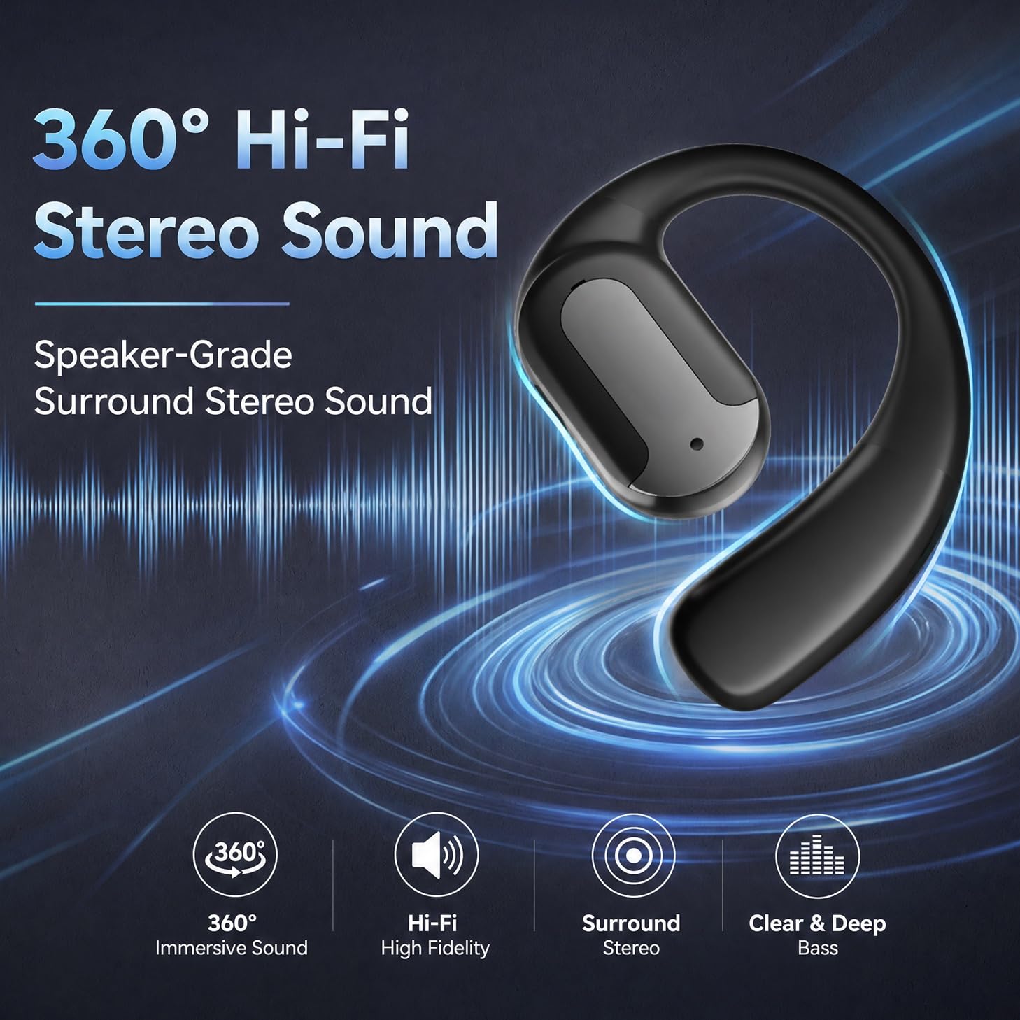 MS220 Open-Ear Bluetooth Kopfhörer mit Ohrbügel und ANC, 30 Std. Akkulaufzeit, LED-Farbdisplay, HiFi Stereo Sound, IPX5, leichte Sport Kopfhörer für Laufen, Training und Pendeln (Schwarz)