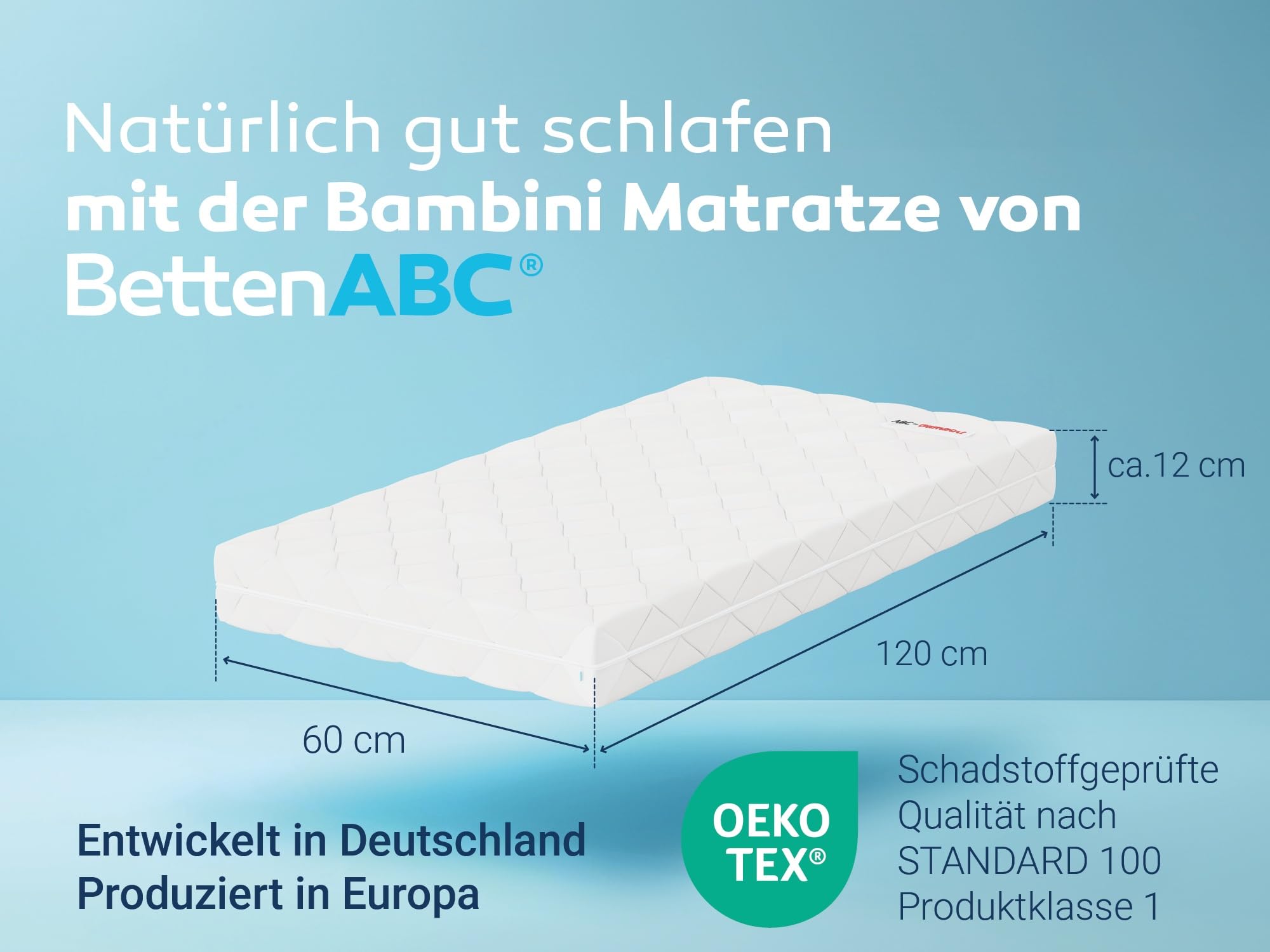 BettenABC - Matratze für Babys & Kleinkinder - 60x120 cm - Spezieller Härtegrad & Oeko-TEX-Zertifiziert - Optimale Hygiene Dank abnehmbarem & waschbarem Polyester-Bezug - Lieferung per Paket