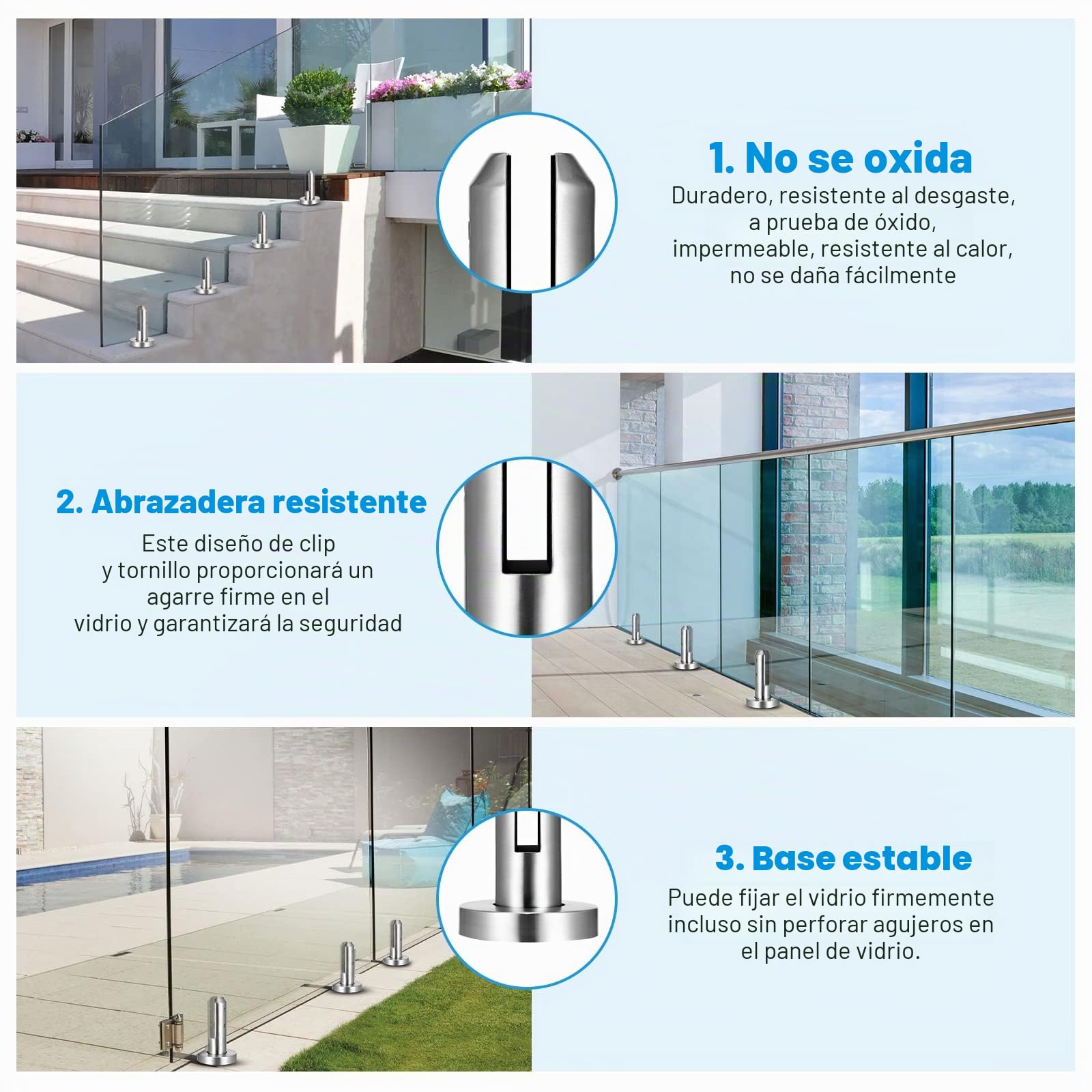 Abrazadera de cristal, 304 para piscina abrazadera de cristal inoxidable abrazadera para valla cristal de 8 a 12 mm suelo de valla de cristal para casa escaleras baño balcón 3,9 x 3,9 x 6,7 pulgadas