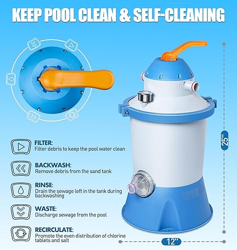 Miniatura 8 de Bomba de filtro de arena de piscina de 1000 GPH para piscinas sobre el suelo, bomba de arena de piscina con temporizador, ahorro de energía, bajo