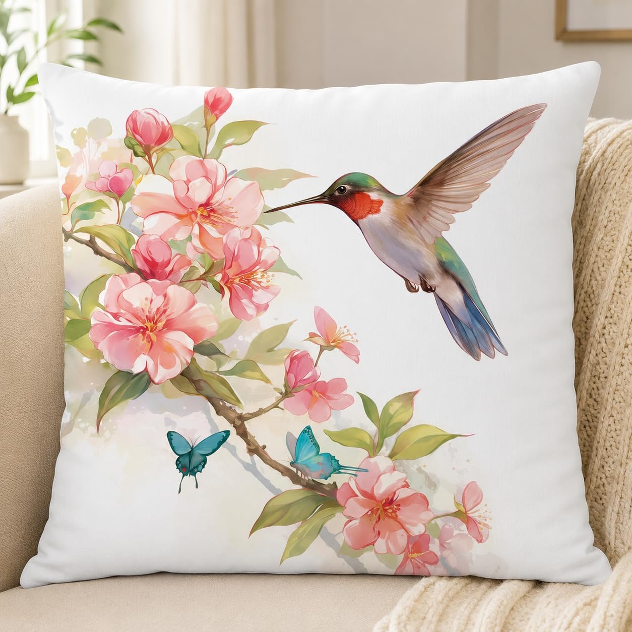 Hummingbird Floral Pillow Cover 18x18, Pink Blossom Butterfly Decor