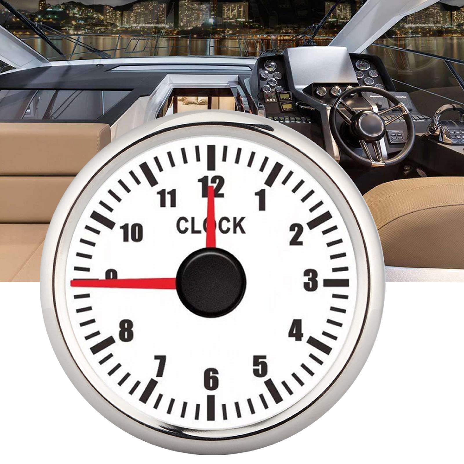 Montre Automatique de Jauge D'horloge Universelle de 2 Pouces Indicateurs de Tableau de Bord 0-12 Heures Affichage Rétro-Éclairage Rouge 12V/24V pour Voiture Bateau Yacht(Cadre argenté sur blanc)