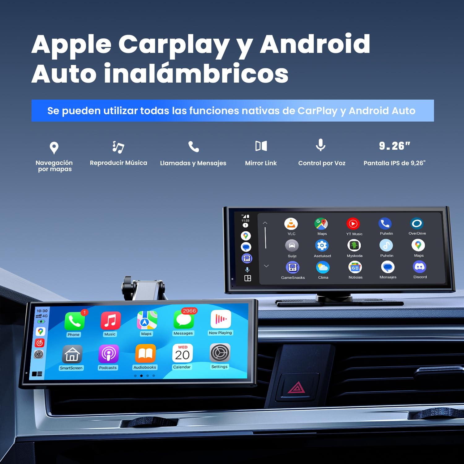 9.26" Wireless Portable Car Play Screen for Apple CarPlay & Android Auto, OTA Updates, Backup Camera, Mirror Link, 5.0 Bluetooth, Voice Control, GPS Navigation, FM