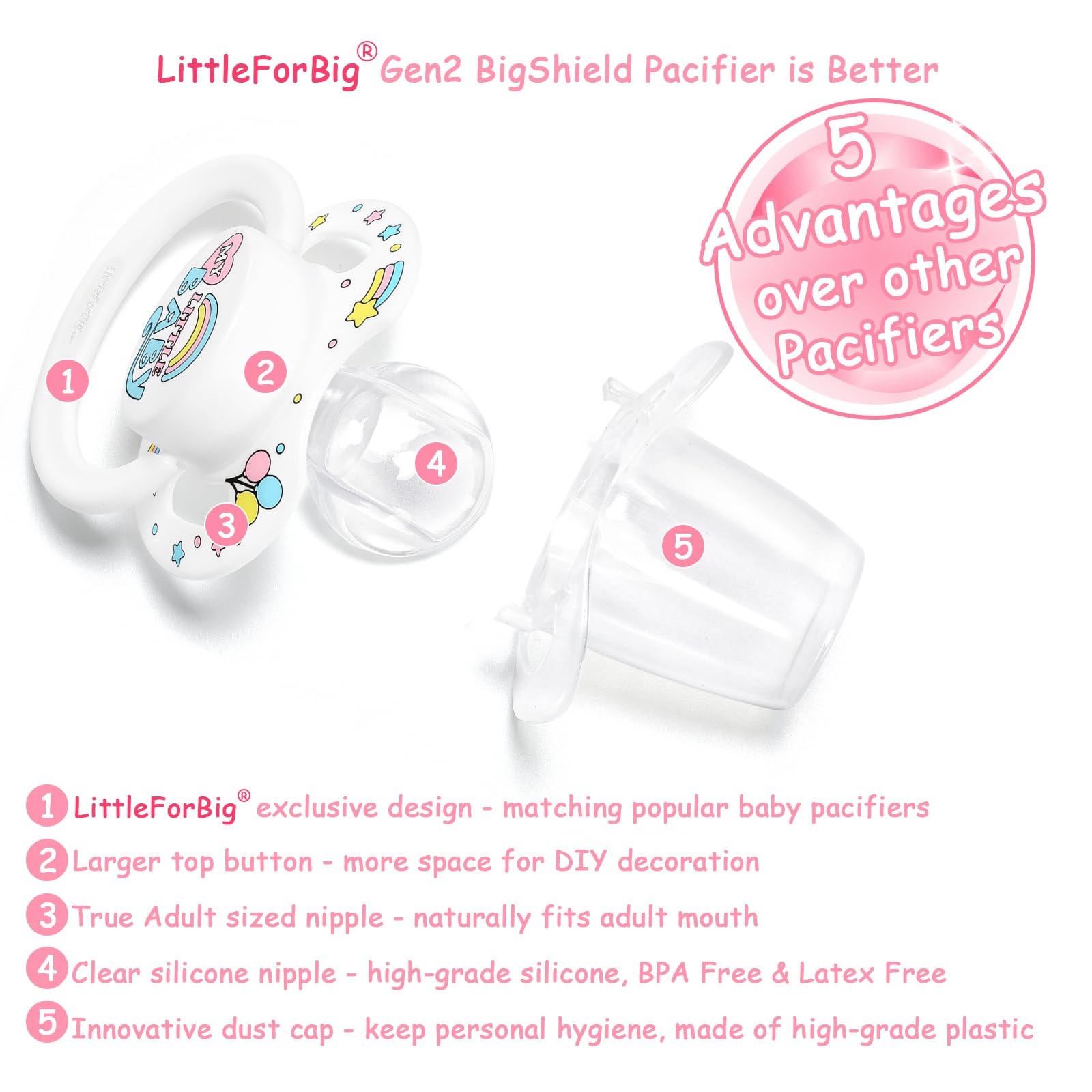 LittleForBig Bigshield Generation-II Adult Sized Printed Pacifier My Little Baby Pattern White