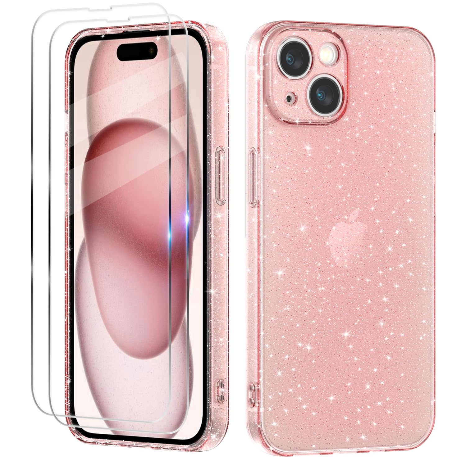 Cover Compatibile con iphone 15 Custodia Glitter, 2 Pezzi Pellicola Protettiva in Vetro Temperato, Brillantini Custodia Morbido TPU Protezione Trasparente Antiurto Case - Rosa