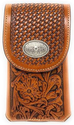 Texas West Western Cowboy Tooled Floral Leather Longhorn Concho Belt Loop Cell Phone Holster Case in 4 Colors (Brown)
