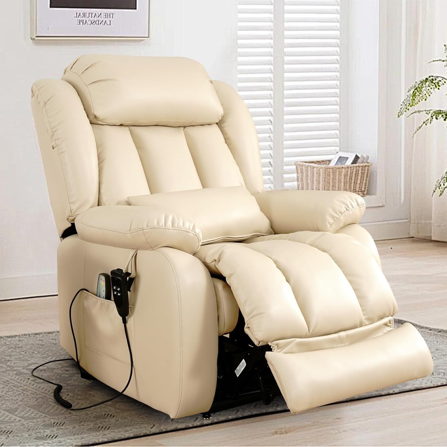 MAEVIS Large Genuine Leather Power Lift Recliner Chair, Dual Motor Recliner for Elderly,Extended Footrest and Lumbar Pillow for Tall Man,with Heat and Massage, USB and Type-C Ports(Beige)