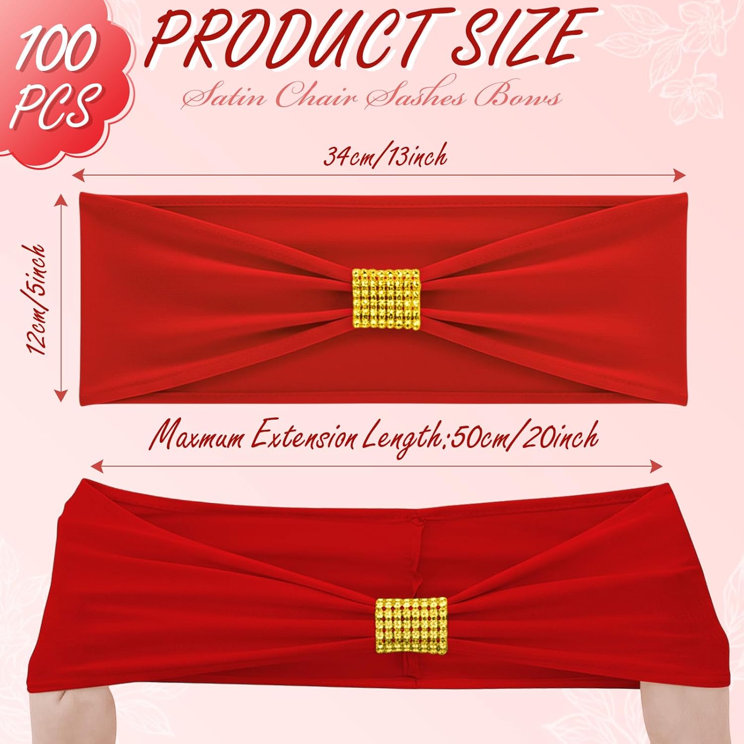 Hahafelt 100 Pcs Spandex Chair Sashes Bows with Rhinestone Ring Buckle Slider Elastic Universal Bowknot Chair Cover Bands Ties for Wedding Banquet Ceremony Event Party Decoration (Red)