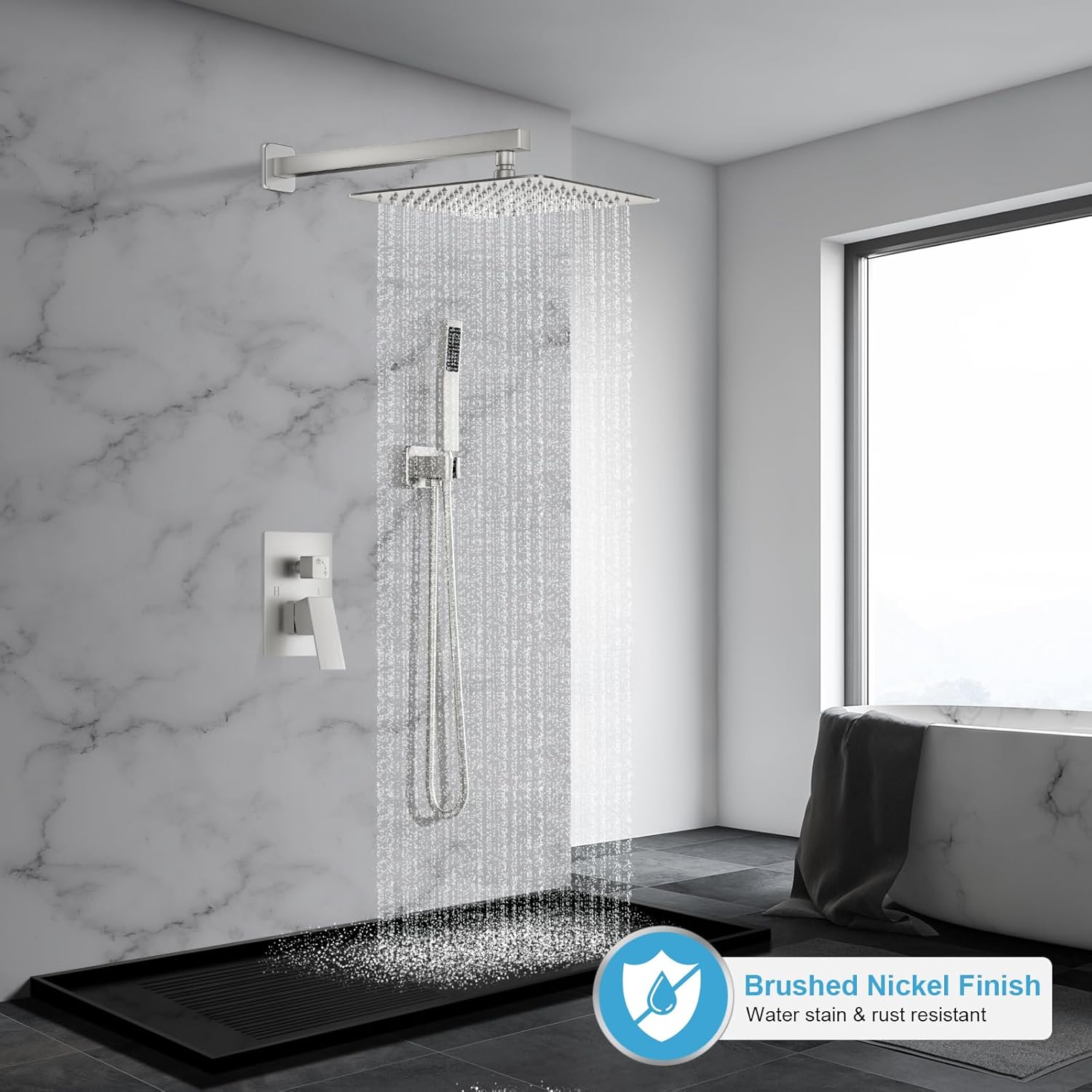 shower faucet set bathroom square rain shower head and handle set, wall mounted shower fixtures with shower valve and trim kit 10 inch brushed nickel brushed nickel 10 inch wall mount