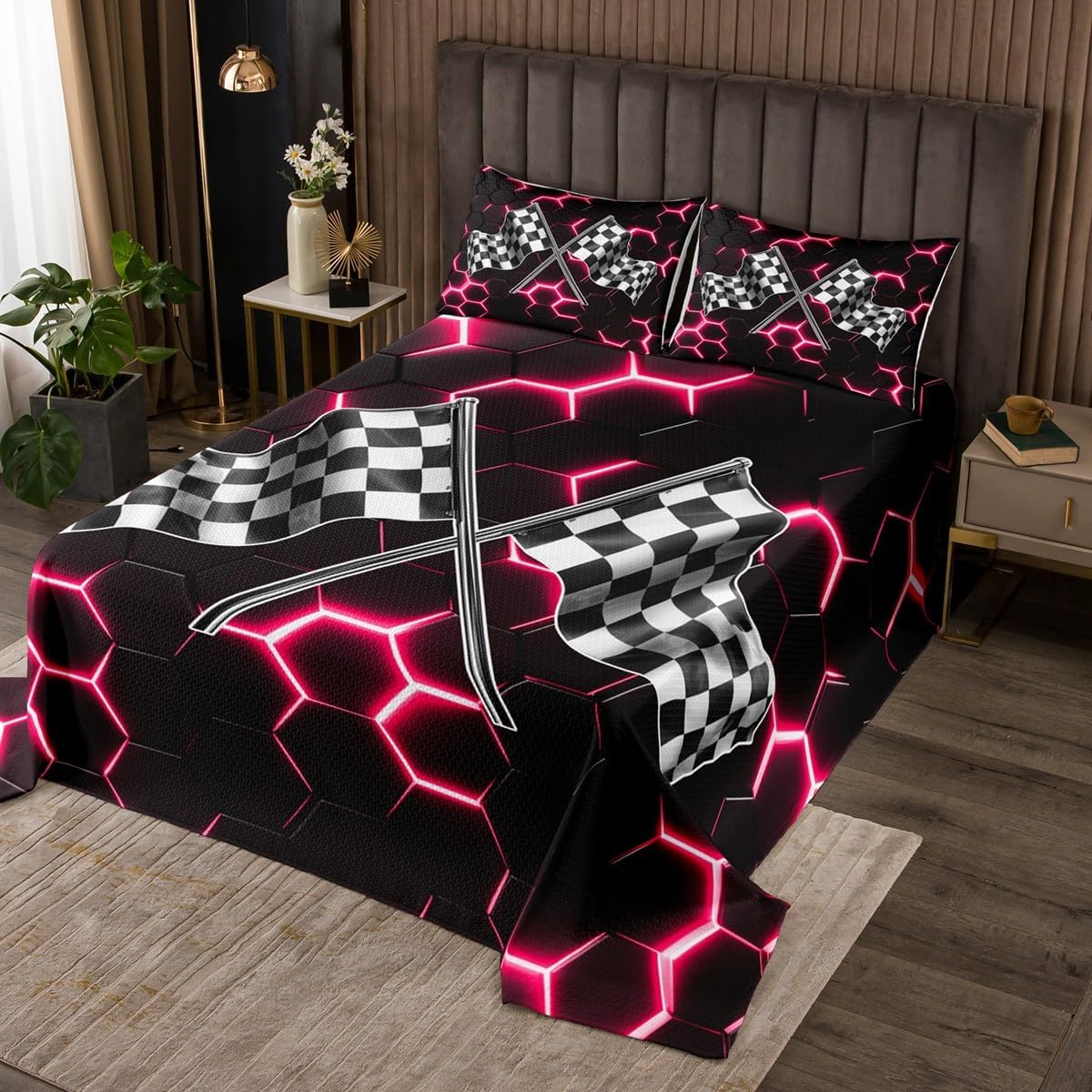 Race Car Gaming Bedding Set King Size for Kids Boys Glowing Honeycomb Bedspread 3pcs Black White Neon Blue Comforter Set Teens Fashion Sports Car Raceing Quilt Set with 2 Pillowcases