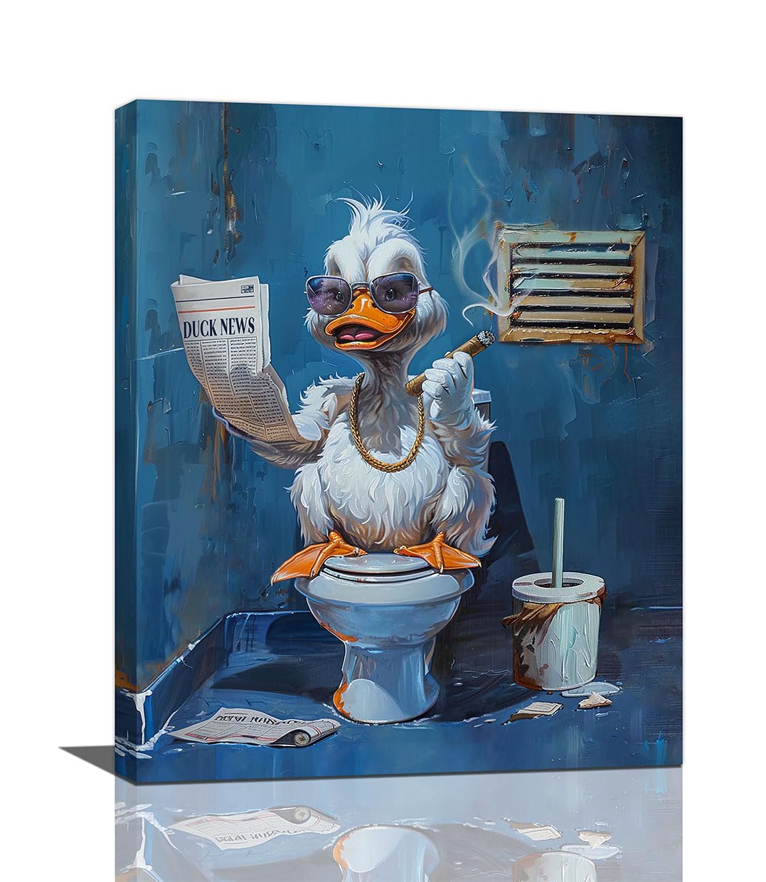 Bogosip Blue Bathroom-Duck Duck Bathroom Wall Art Funny Duck Toilet Reading Newspaper Pictures Wall Decor Bathroom Sign Canvas Print Painting Navy Blue Modern Framed Artwork For Restroom 16"X20"