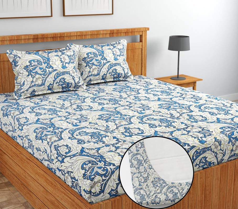 Image of NHD HOME Premium Cotton Elastic Fitted Bedsheets with 2 Pillow Covers Double Bed All Around Elastic Supersoft Size - 72 x 78 +8 inches Blue & White 200 tc - 220 tc