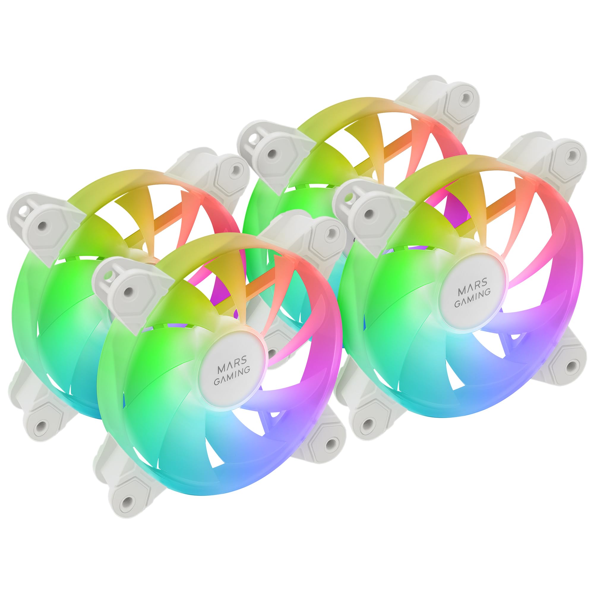 Mars Gaming MF-4A, Kit 4x 120mm ARGB Fans, 360° Illumination Frameless, RGB Addressable 5V 3Pin, Customizable Rainbow Effect, Ultra-Quiet FDB Bearings, Double Connector, White