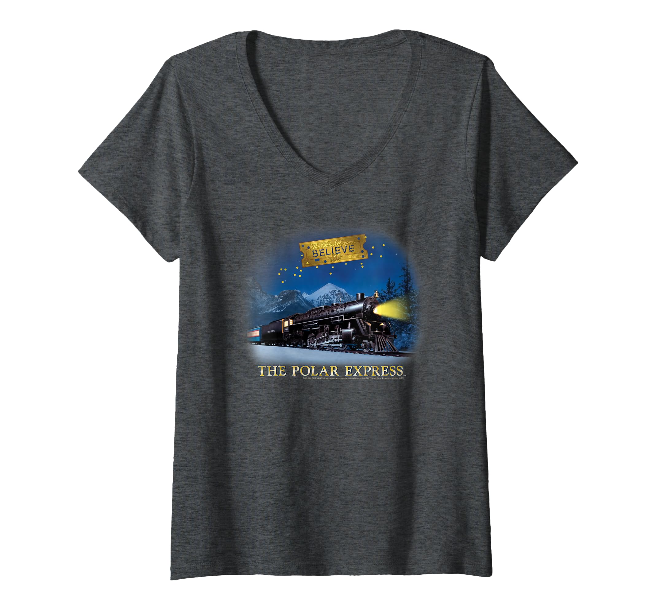 Womens Polar Express Train, Ticket, and Logo Christmas Movie V-Neck T-Shirt