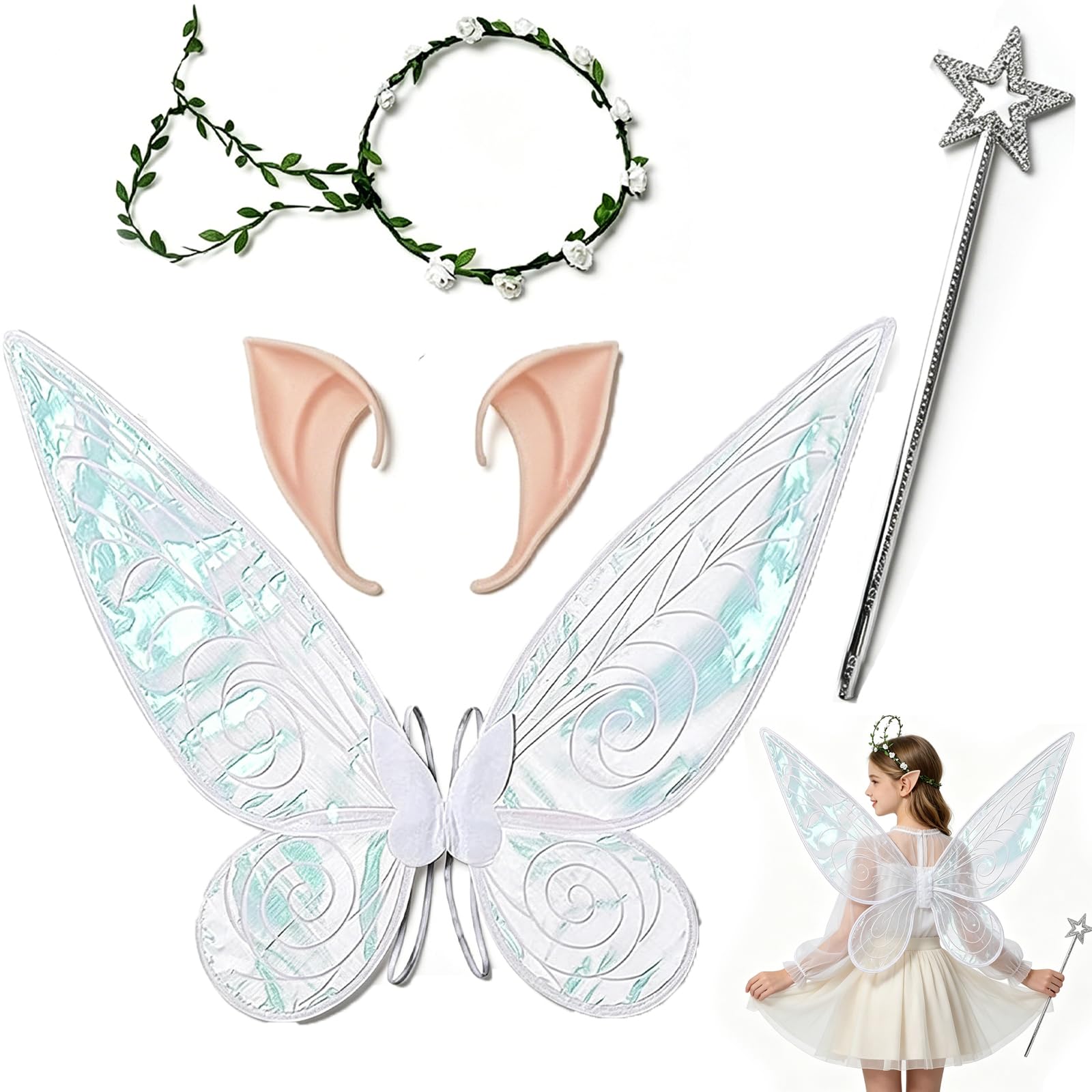 YcsRnn Fairy Wings Adult, 4-Piece Dress Up Set with Butterfly Wings, Flower Crown, Elf Ears and Magic Wand for Themed Parties and Costume Events, White Accessories for Girls and Women ﻿