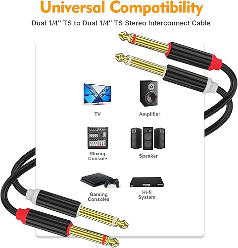 Miniatura 2 de HOSONGIN Cable de inserción de interconexión estéreo TS dual de 14 de pulgada a doble TS de 14 de pulgada, cubierta de PVC, enchufe chapado en oro,