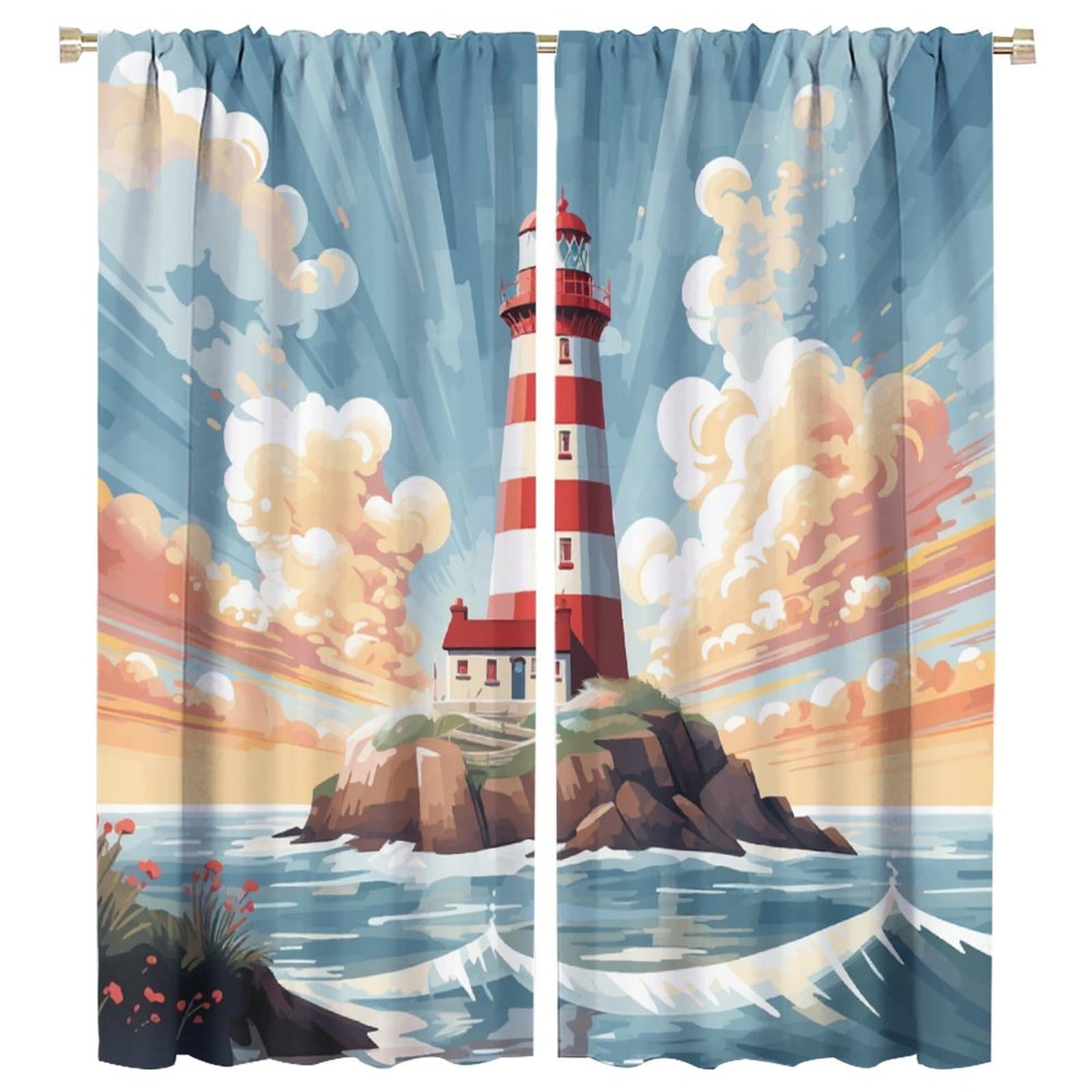 Lighthouse Curtain White Clouds Blue Sea Wave Lighthouse Blackout Print Rod Pocket Window Drapes for Bedroom Living Room 55x63in