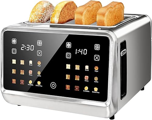 Tostadora de pantalla táctil de 4 rebanadas con pantalla LCD, tostadoras digitales de acero inoxidable, 6 tipos de pan y 6 ajustes de sombra,