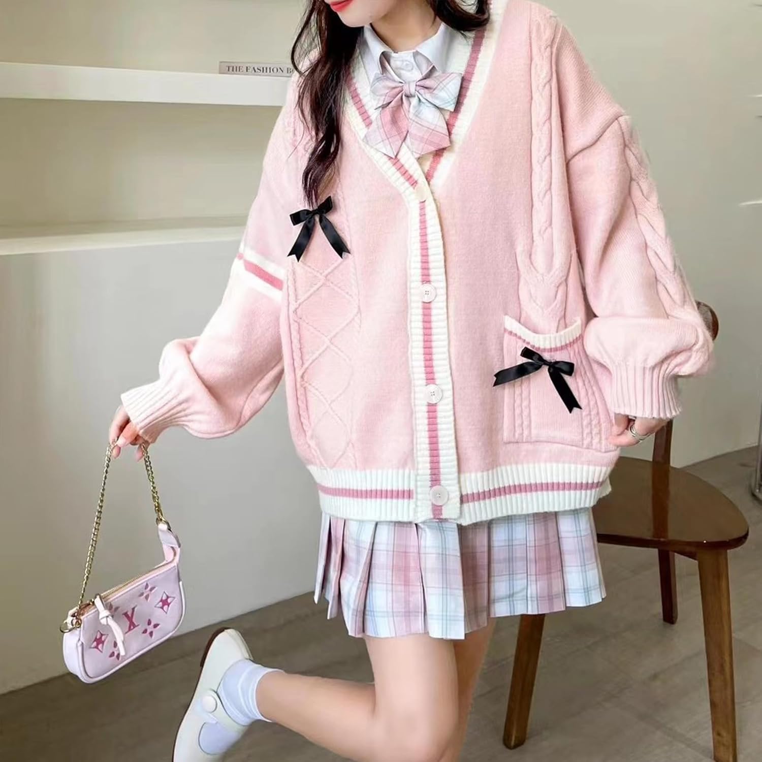 Womens Cute Sweet Cardigan Sweater Long Sleeve V-Neck Bowknot JK School Uniform Cardigans Knitted Sweaters - Image 2