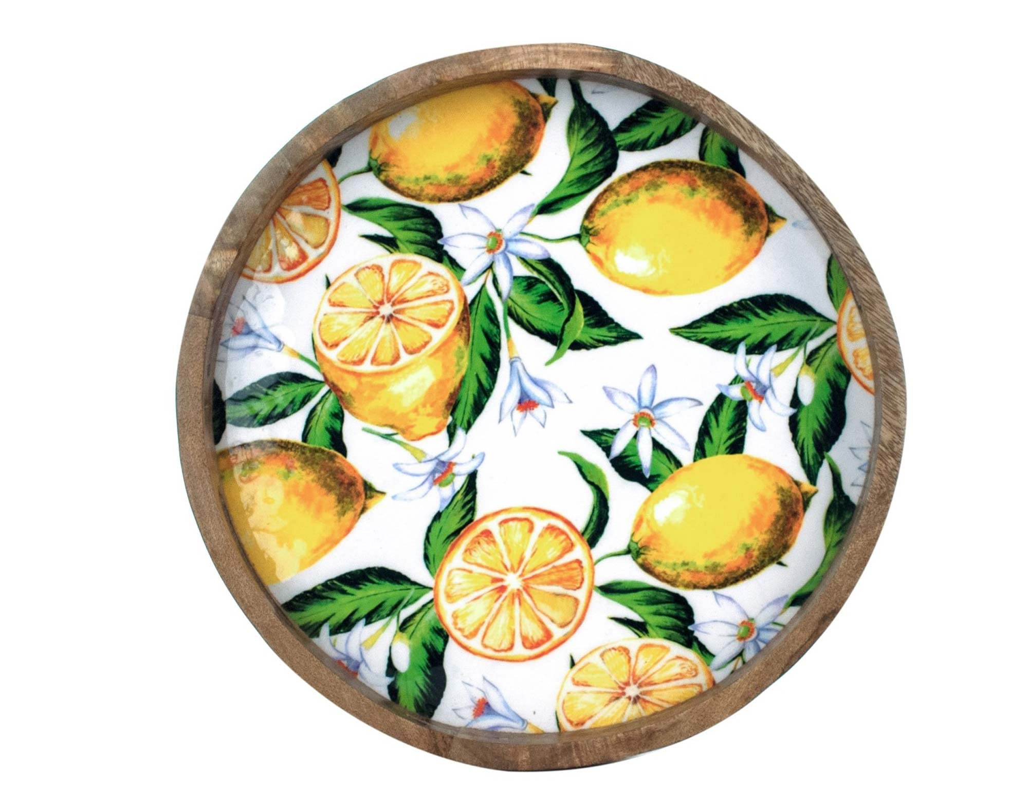 ORIGEN Plateau de service Rond, Bois de Manguier et Thème Citrons. Diamètre 35 cm.