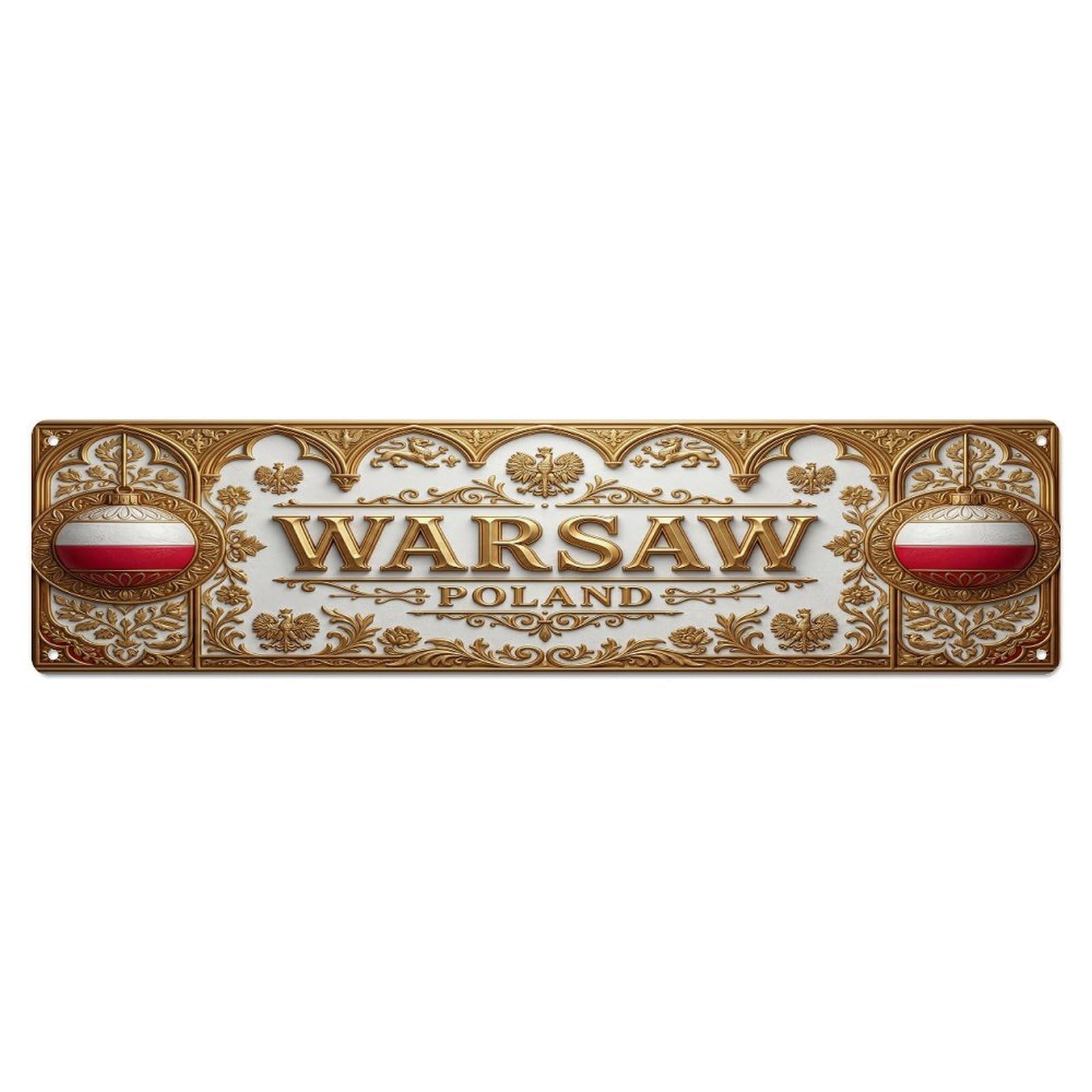 Olhnbad 4X16inch(10X40cm) Vintage Warsaw Poland Flag Pattern Metal Tin Sign