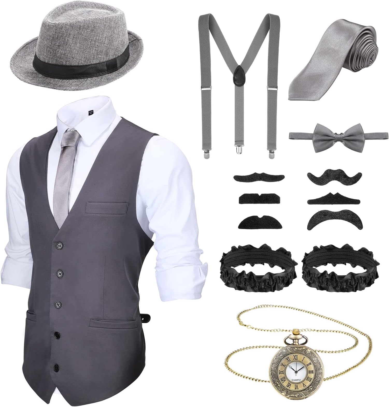 SATINIOR 1920s Mens Costume Roaring Outfit with Gangster Vest Hat Pocket Watch Suspenders for Derby Attire 2026
